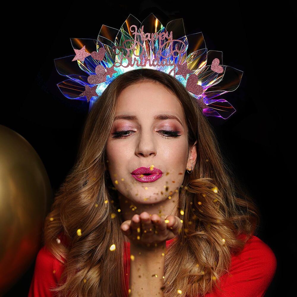 6472 Happy Birthday Light Up Crown - Flashing Stars Glowing Headband Tiara